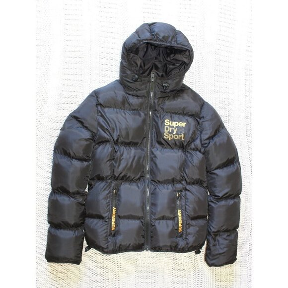 Superdry Unisex Gym Tech Gold Puffa Black Jacket Small Full Zip Pockets Winter - Picture 7 of 10